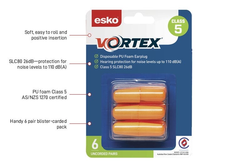 Esko Vortex Earplugs Orange Uncorded 6 Pack