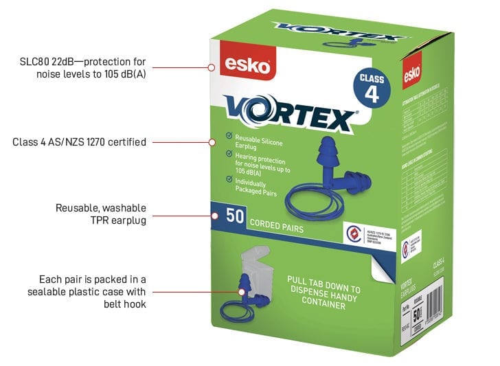 Esko Vortex Earplugs Blue Corded Reusable